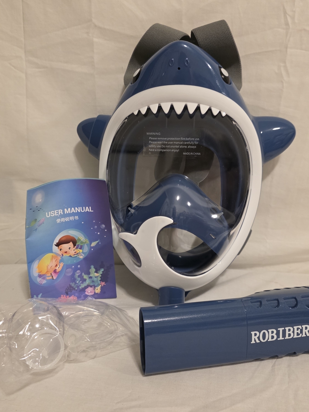 NEW Robibers Kids Full Face Snorkle Mask Blue Shark 180° Panoramic View Swim
